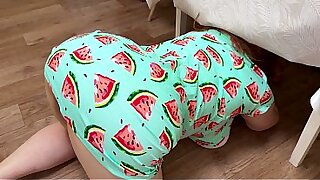stepmom bent under the table and received a dick in the ass from her stepson and gave him a blowjob